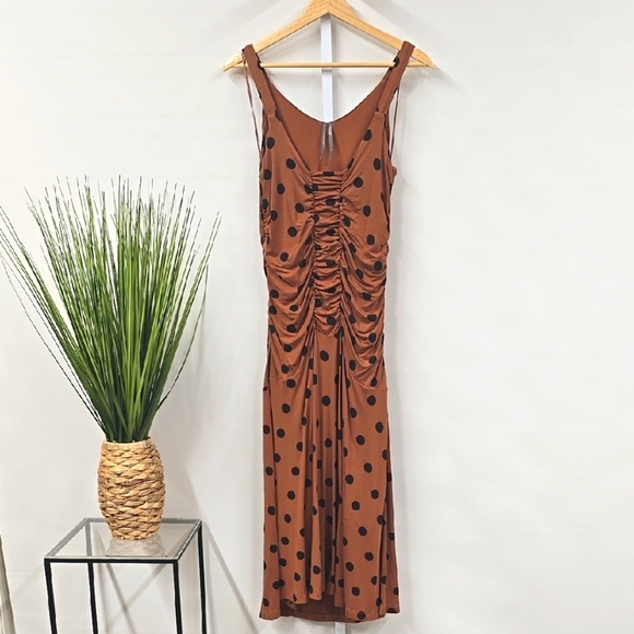 Anthropologie Orange Dot Ruched Sleeveless Knit Bodycon Dress‎ SP - Picture 1 of 5